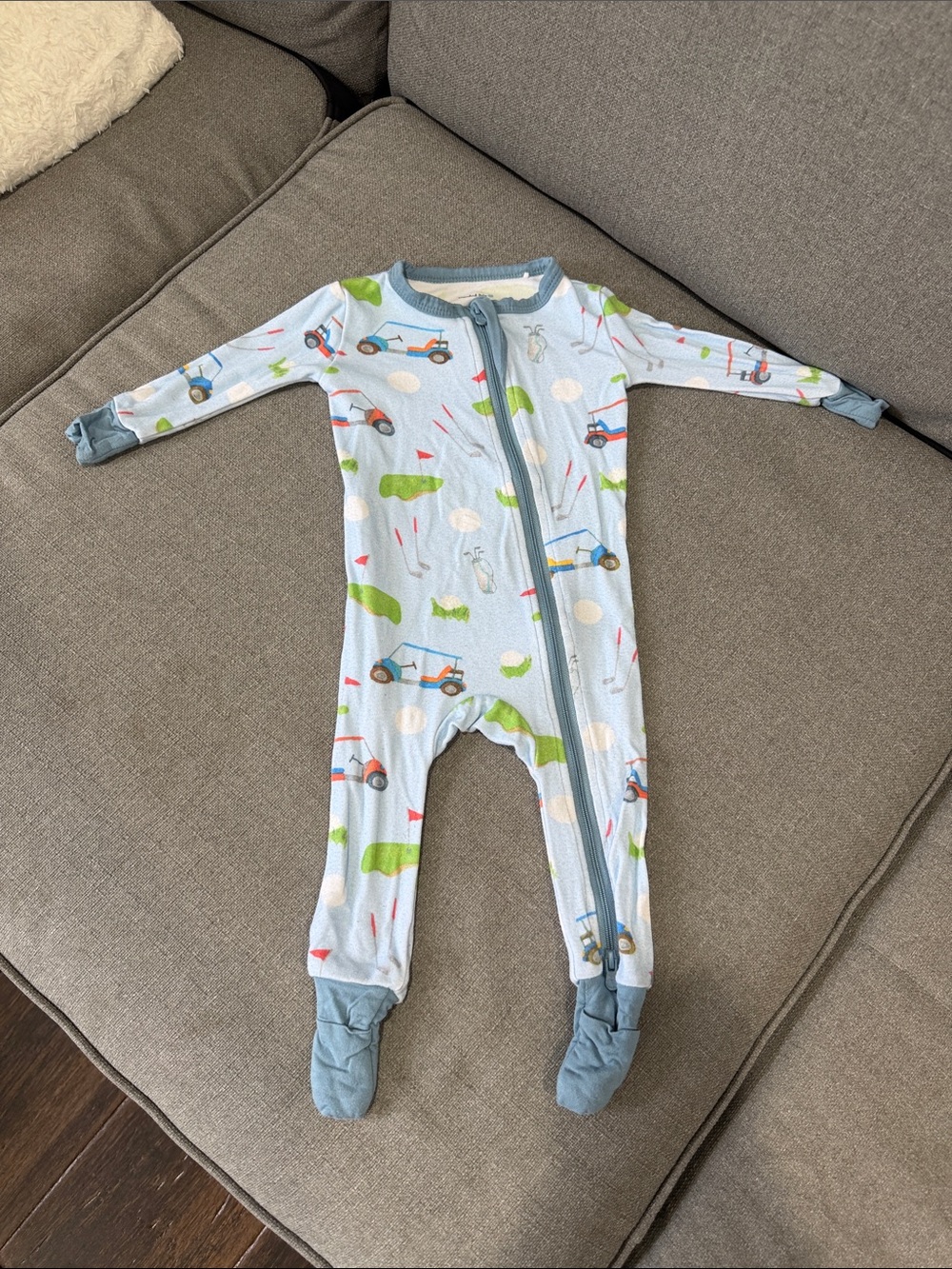Light Blue Baby Footed One-Piece with Golf & Car Print